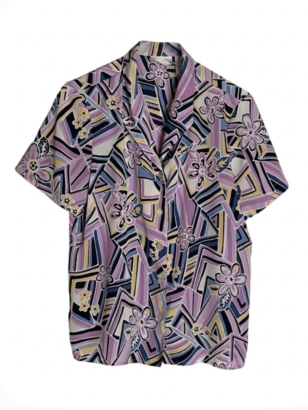 ALFRED DUNNER Geometric and Floral Pattern Blouse Women’s 8 Purple Blue